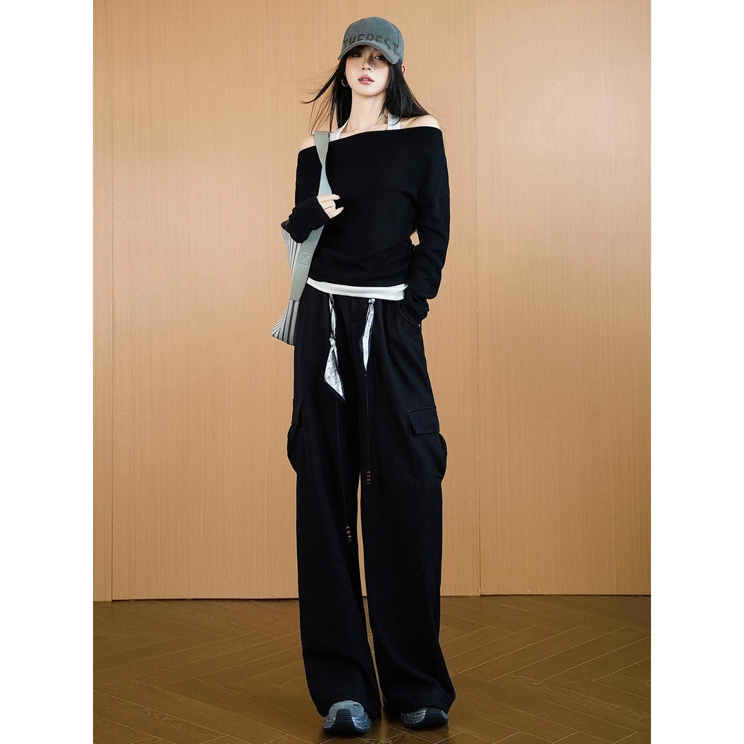 巨好看的运动套装女秋季高端名牌小众一字肩上衣工装裤休闲两件套