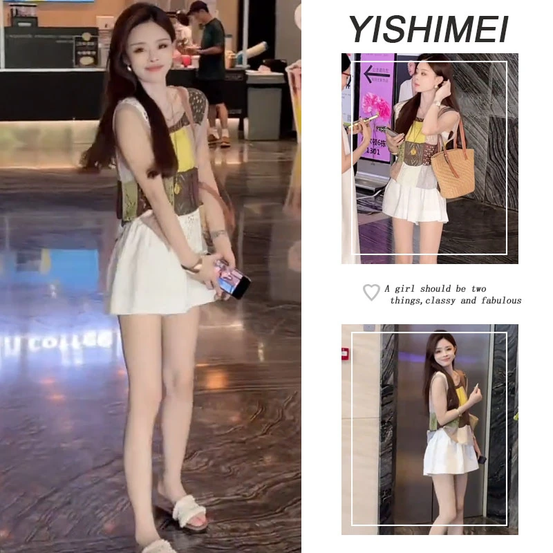 2025年夏季新款爆款拼接色无袖针织背心上衣百褶蓬蓬半身短裙套装