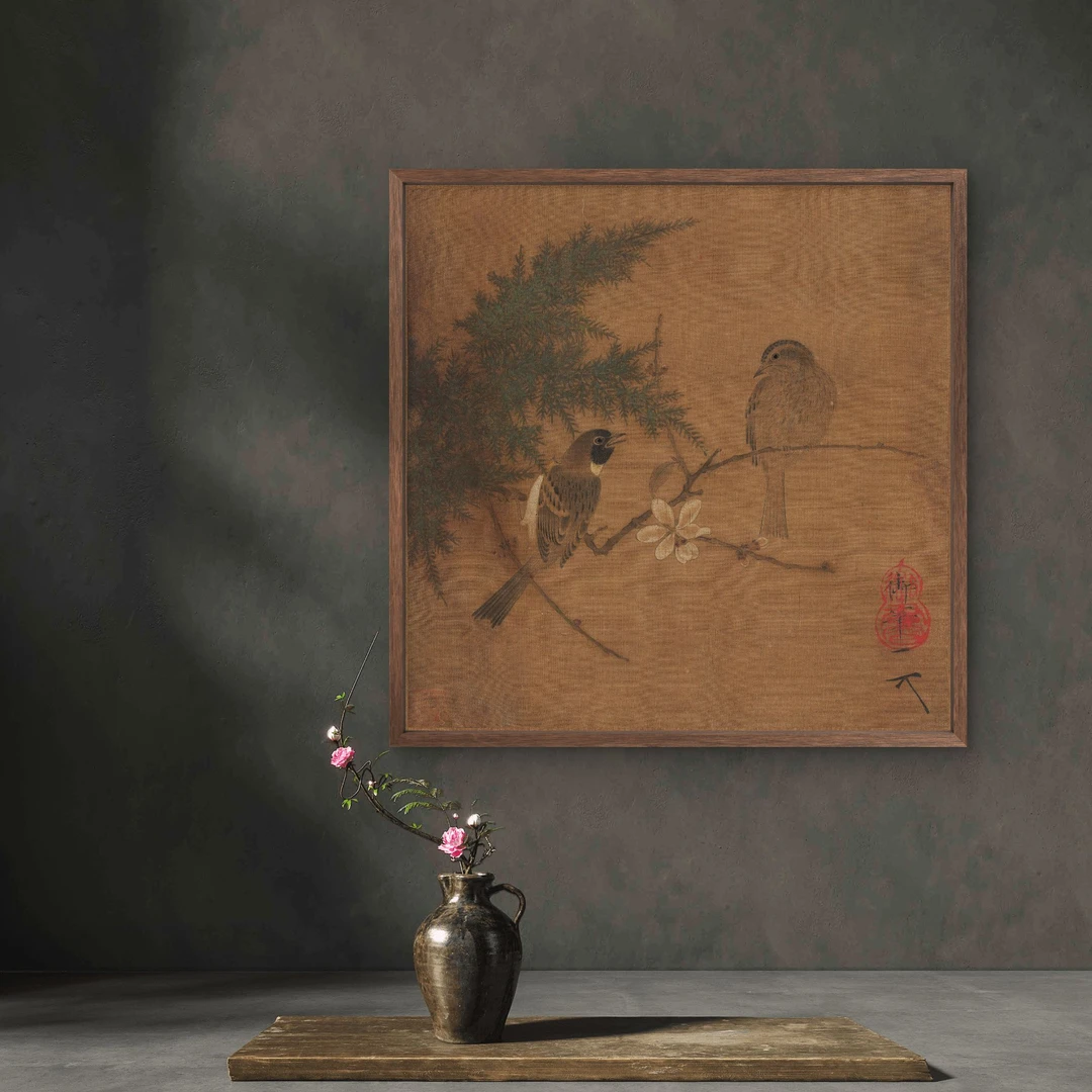 9443-40*40腊梅双禽图中式装饰画实木框玄关书房茶室客厅挂画