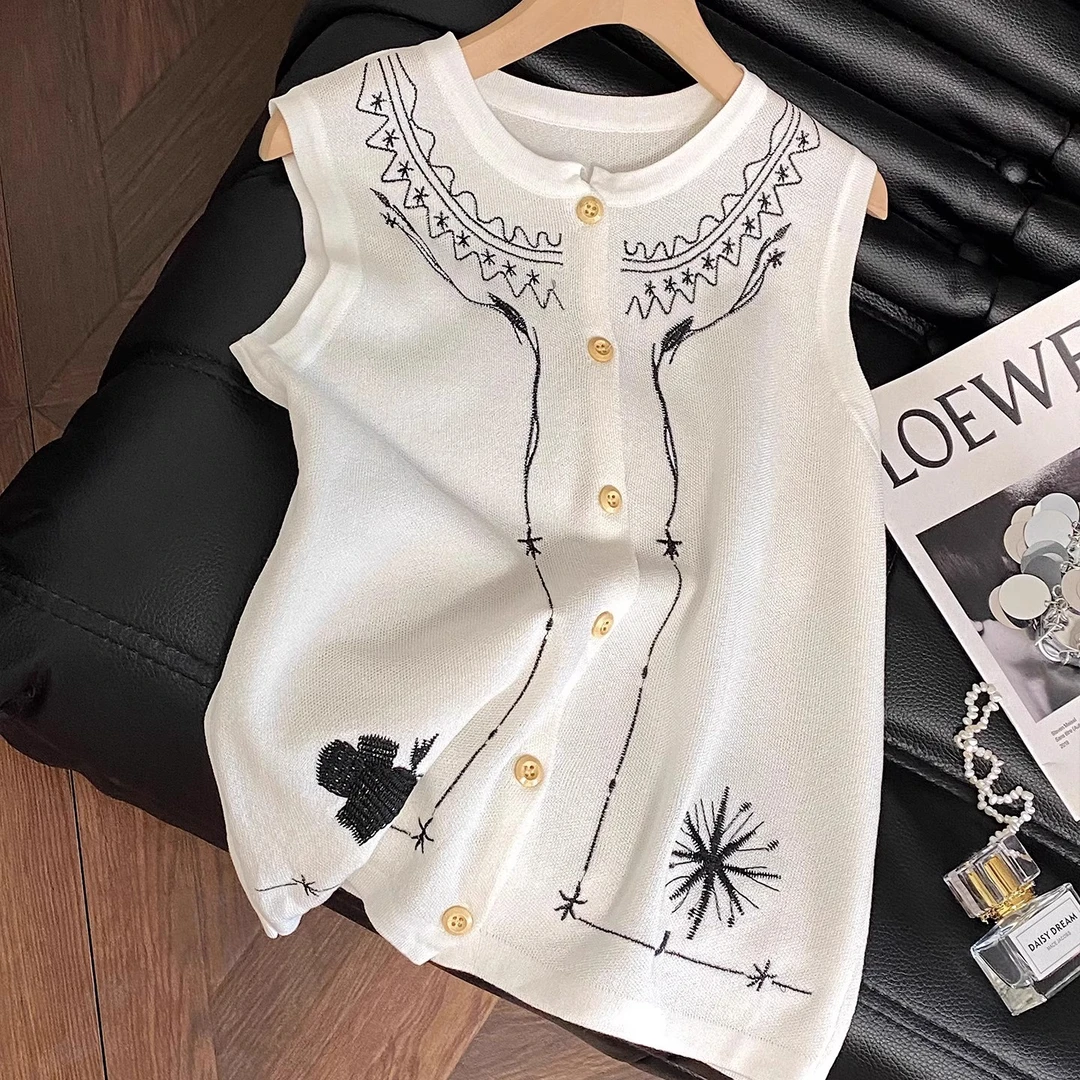 2025年夏季宽松减龄韩版圆领刺绣钩花无袖针织开衫女背心上衣