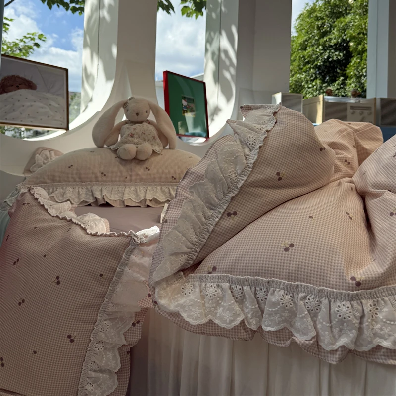 易安阁少女心双层纱豆沙格小樱桃床裙四件套全棉纯棉1.5m1.8纯棉