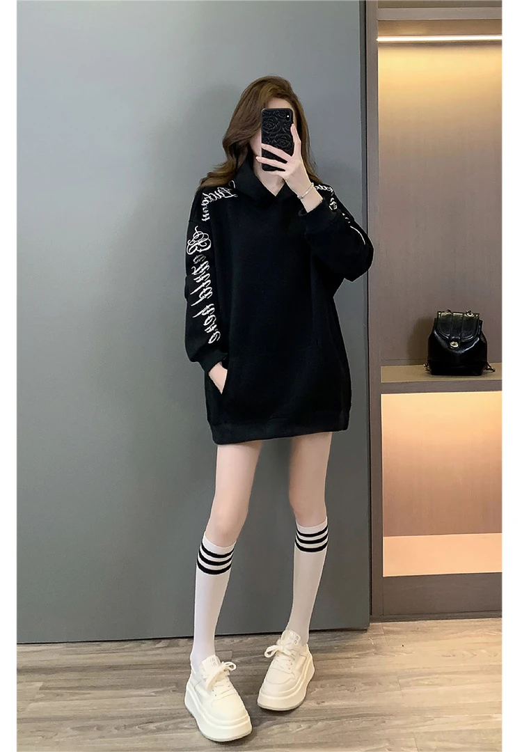 千金清冷感贵系衣服美式黑色字母刺绣设计连帽卫衣女宽松百搭上衣