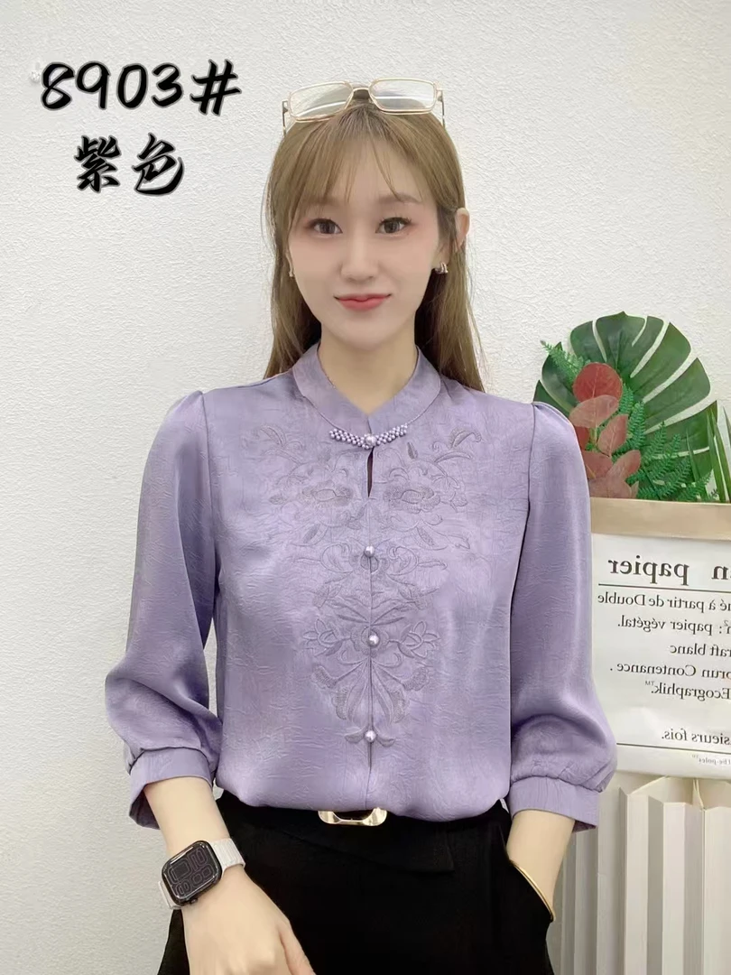 新款刺绣盘扣七分袖衬衫气质宽松显瘦时尚百搭上衣#8903