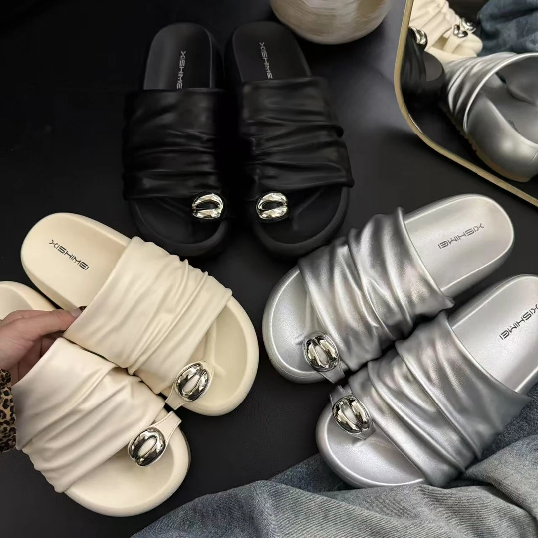 2025年夏季新款时尚百搭褶皱套趾厚底老钱风外穿厚底女拖鞋