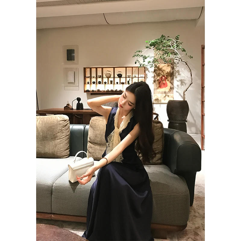 木子李的李【千岁鹤归】无袖蕾丝收腰上衣显瘦a字半身长裙LL9558