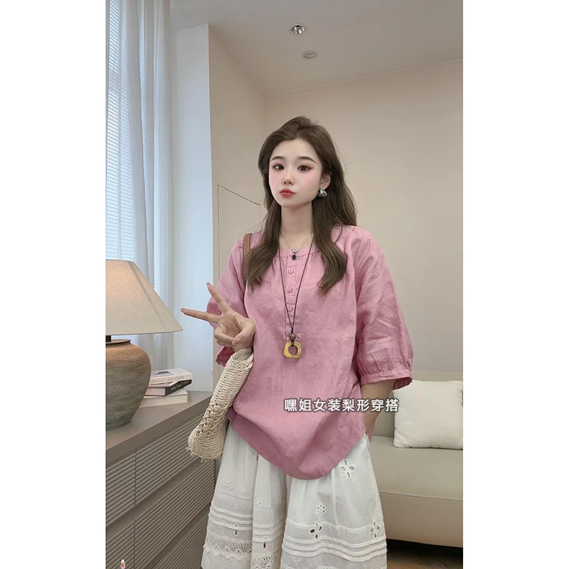 【时光】夏日文艺风亚麻宽松显瘦衬衫女圆领别致小众五分袖上衣