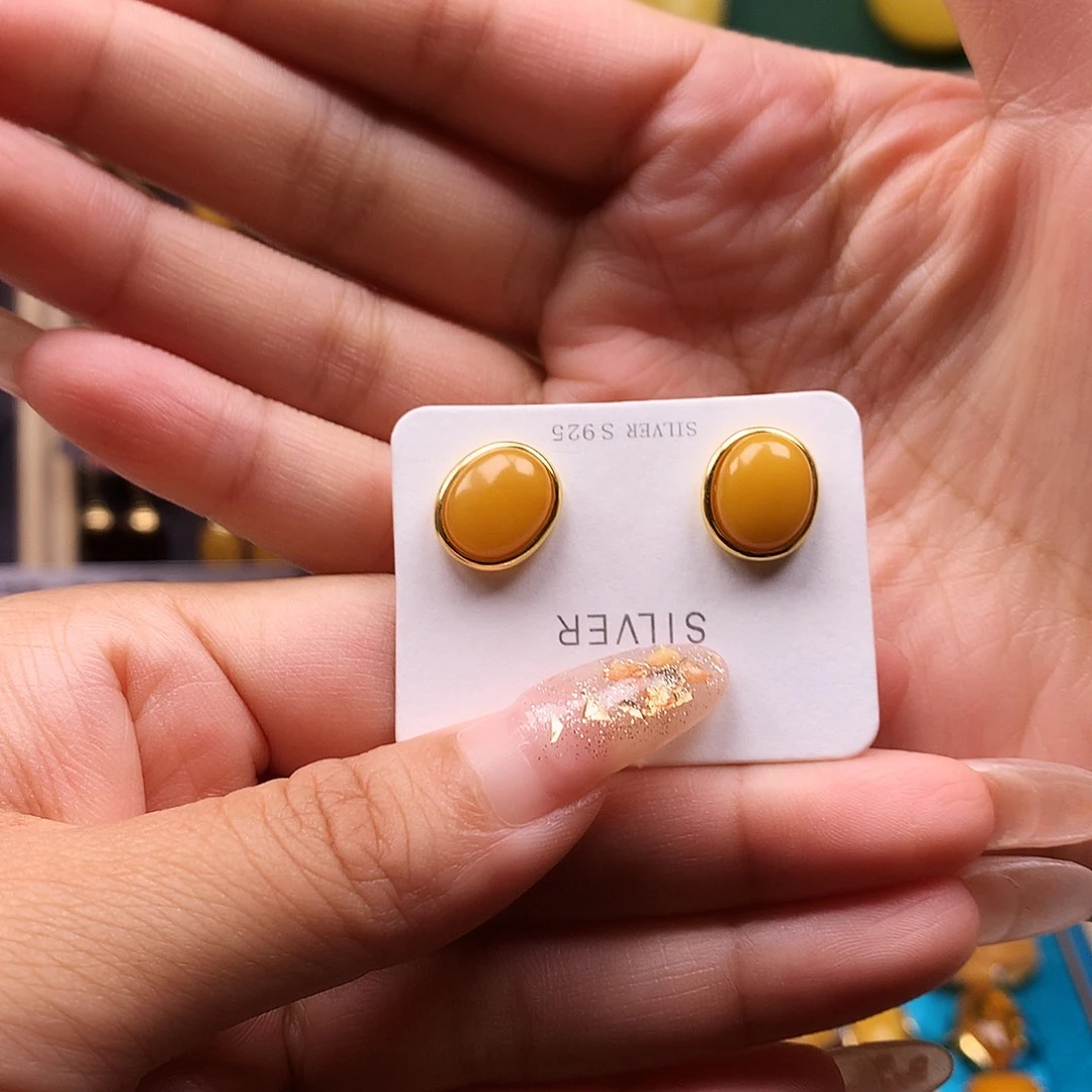蜜蜡银S925镶嵌耳饰耳钉