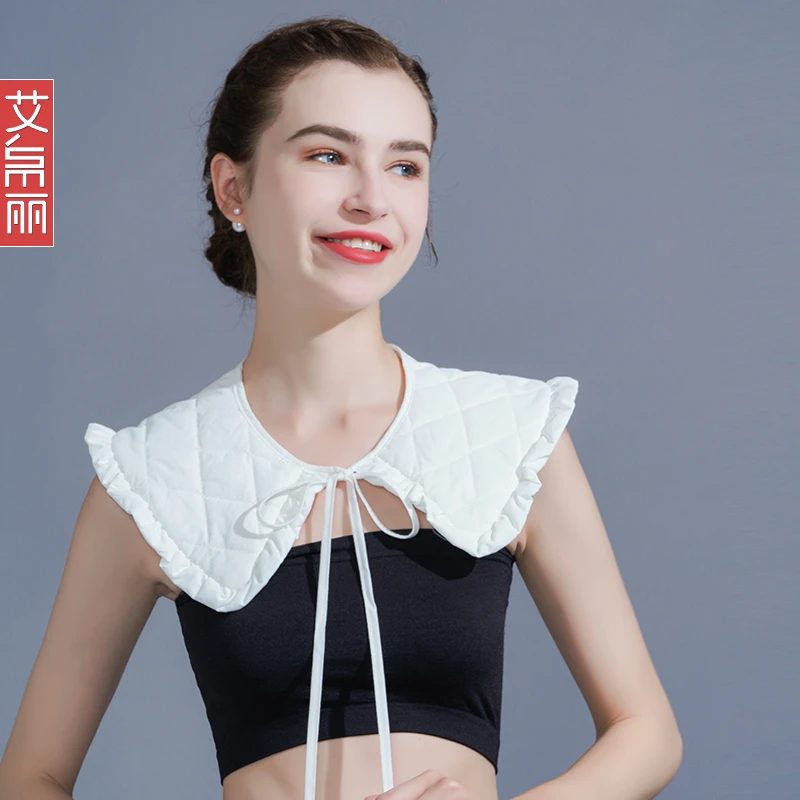 保暖护肩斗篷披肩韩版加厚加棉空假领系带外搭纯色含棉小坎肩秋冬