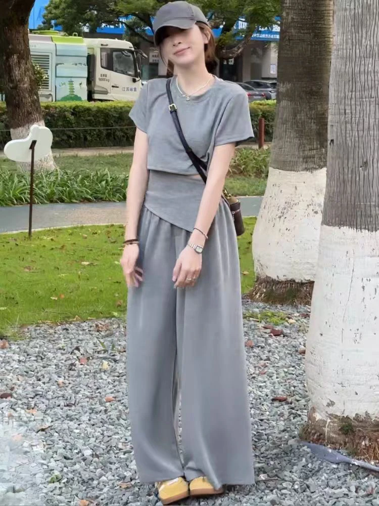 99578#大码韩系减龄简约不规则短袖休闲阔腿裤休闲气质纯色两件套