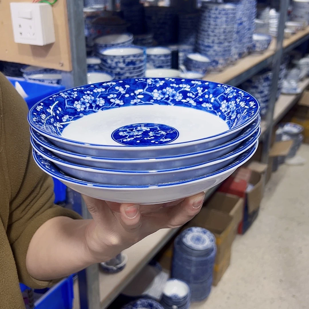 瓷片8英寸青花瓷冰梅深盘4个