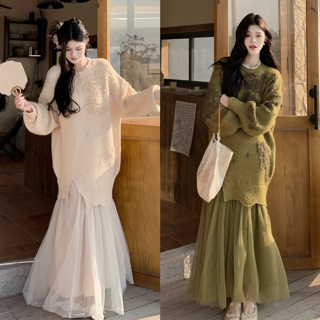 大码清欢雪新中式国风连衣裙子女早春2025新款拼纱假两件针织长裙