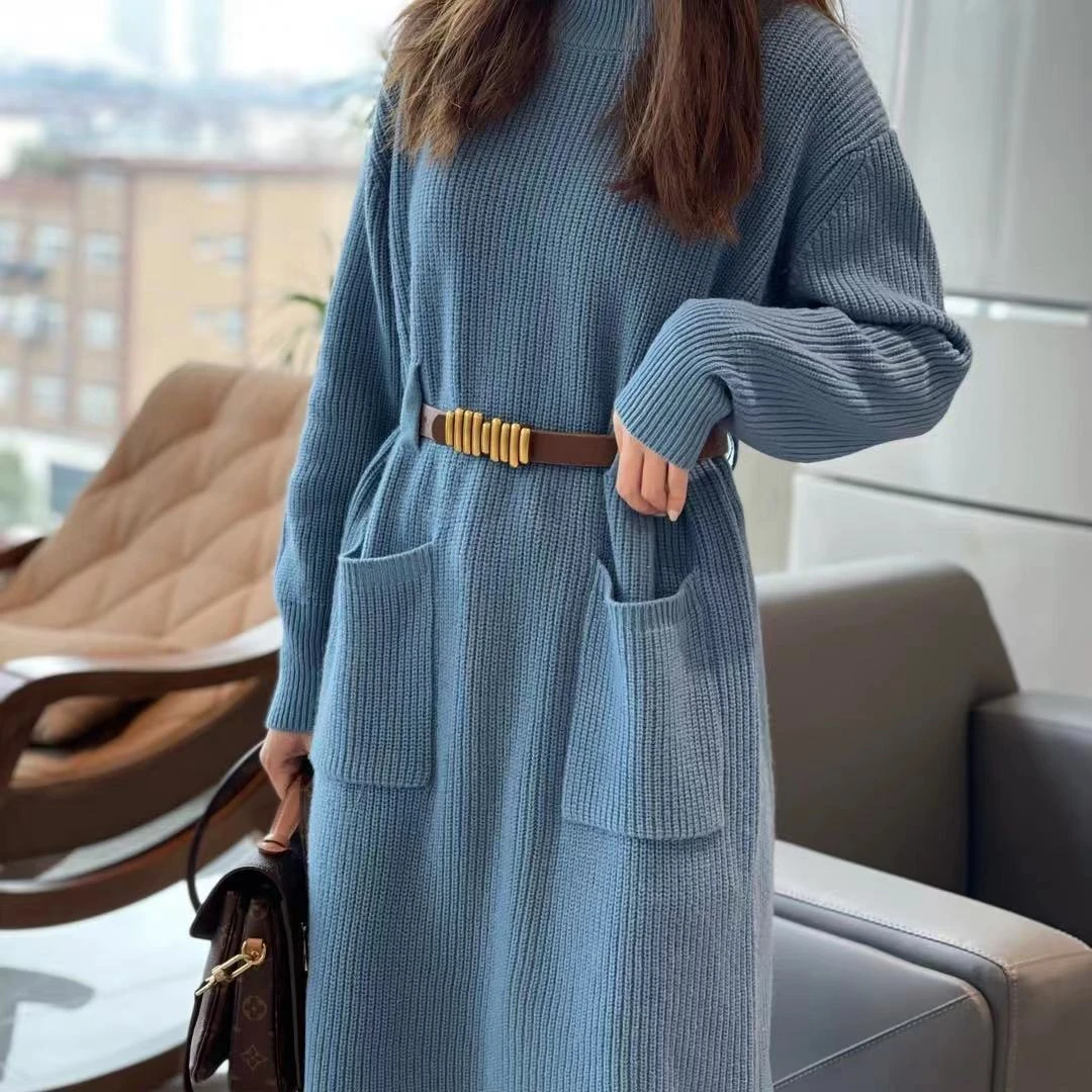 【北总严选】帕迪恩半高领双兜腰带款亮丝长裙衫9029