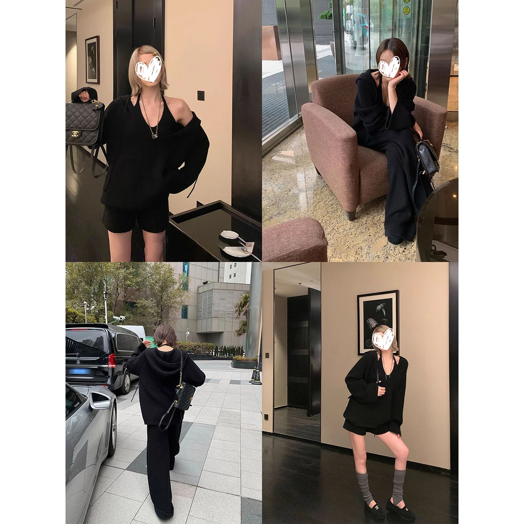 高级感辣妹针织毛衣露背挂脖背心秋季高腰阔腿裤休闲长裤气质套装
