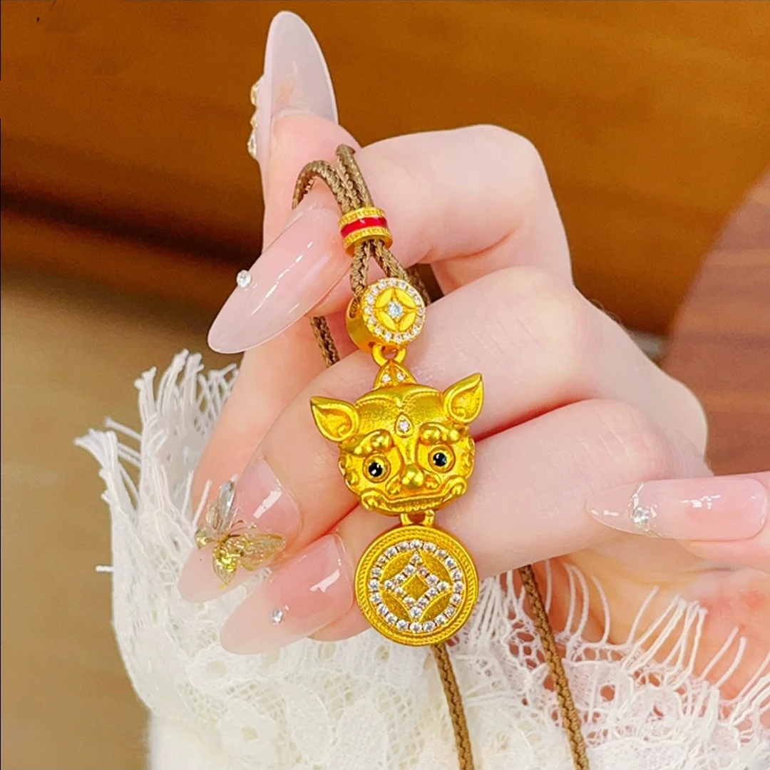 合金吊坠 新中式国潮风|V雪同款点钻招财貔貅钱币吊坠编织绳