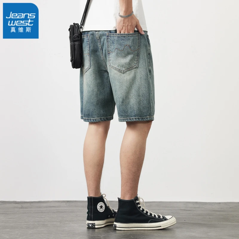 真维斯美式高街牛仔短裤男2025新款夏季薄款宽松休闲五分中裤子