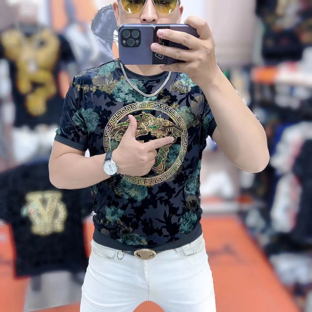 力龍潮牌男士夏季新款高定重工V美人时尚潮流冰丝修身弹力短袖T恤