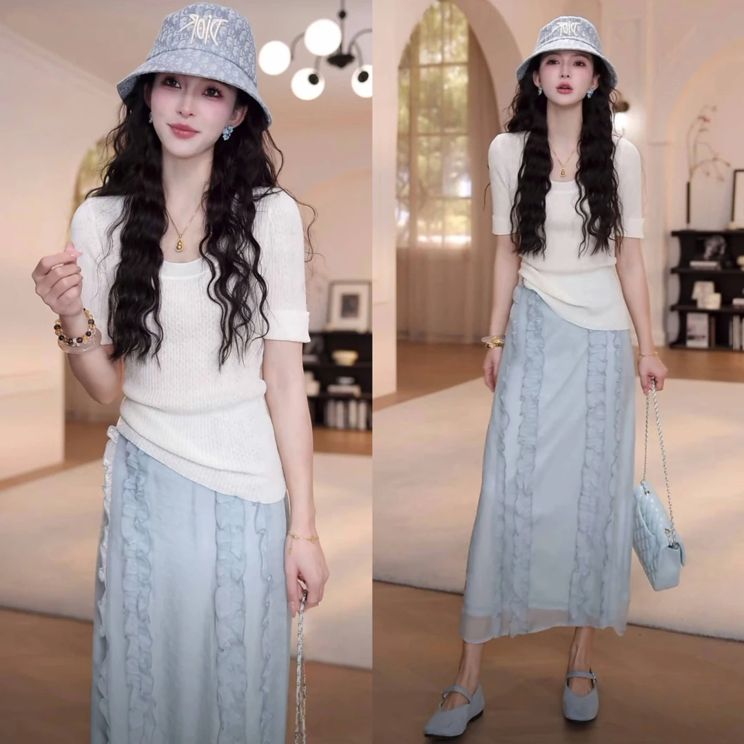 2025夏季新款时尚洋气短袖针织衫+半身裙两件套设计感减龄套装女