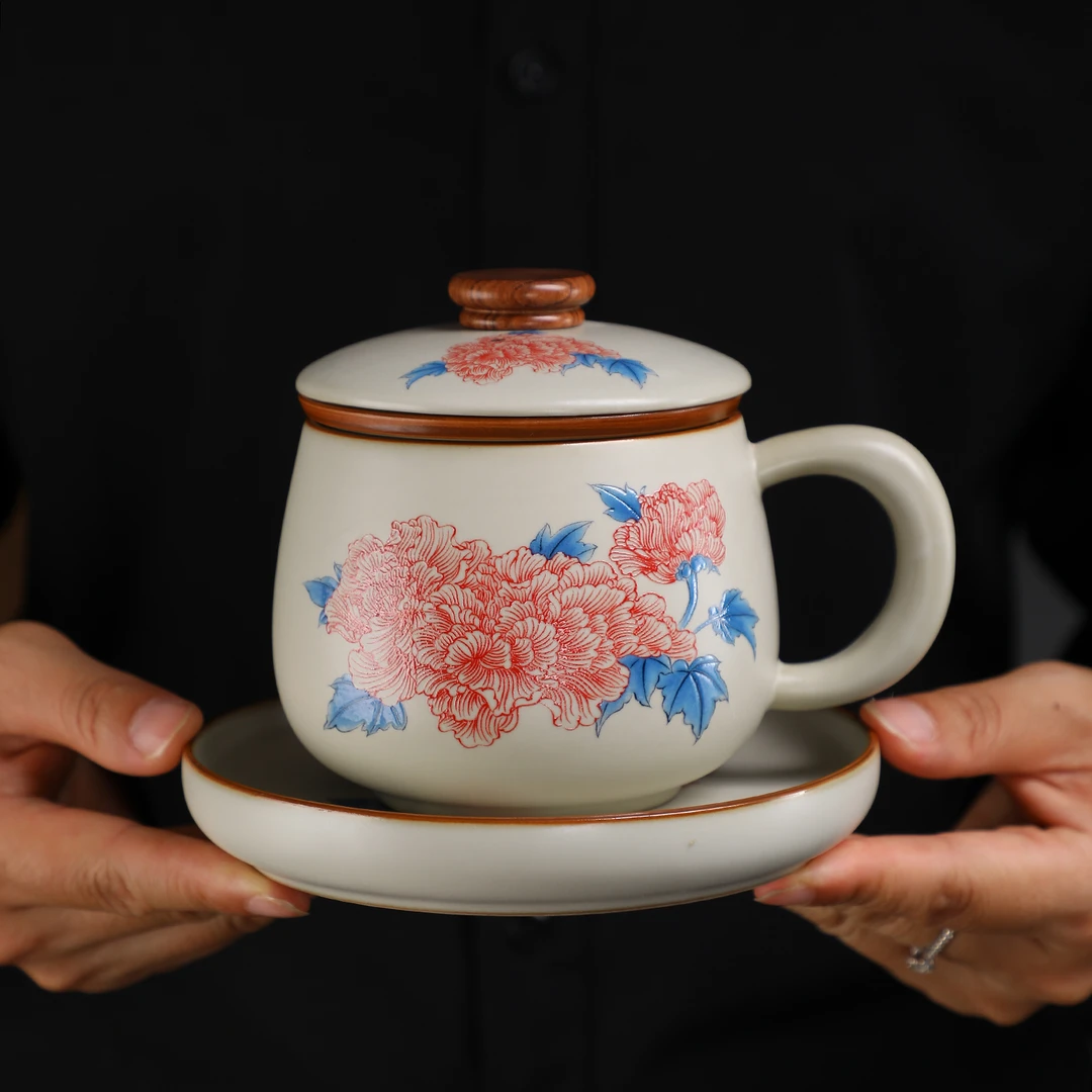 复古办公杯家用大容量定制马克杯当代汝窑泡茶杯瓷杯陶瓷过滤带盖