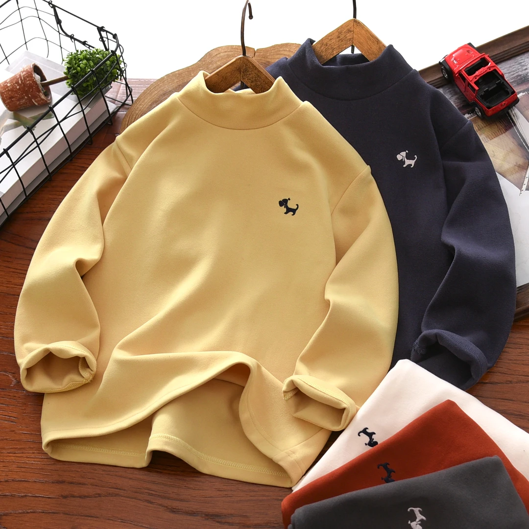 男童半高领打底衫秋冬季2025新款中大童男孩儿童高弹德绒刺绣长袖