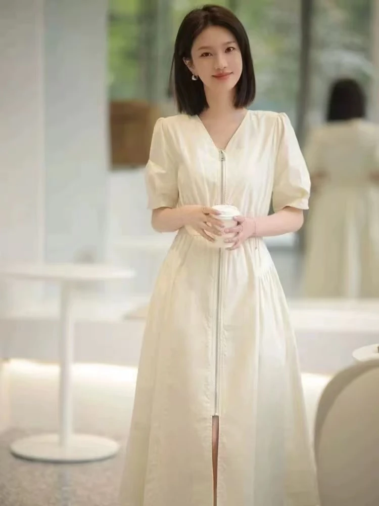 9966法式拉链连衣裙女夏新款高级感气质名媛休闲时尚减龄收腰长裙