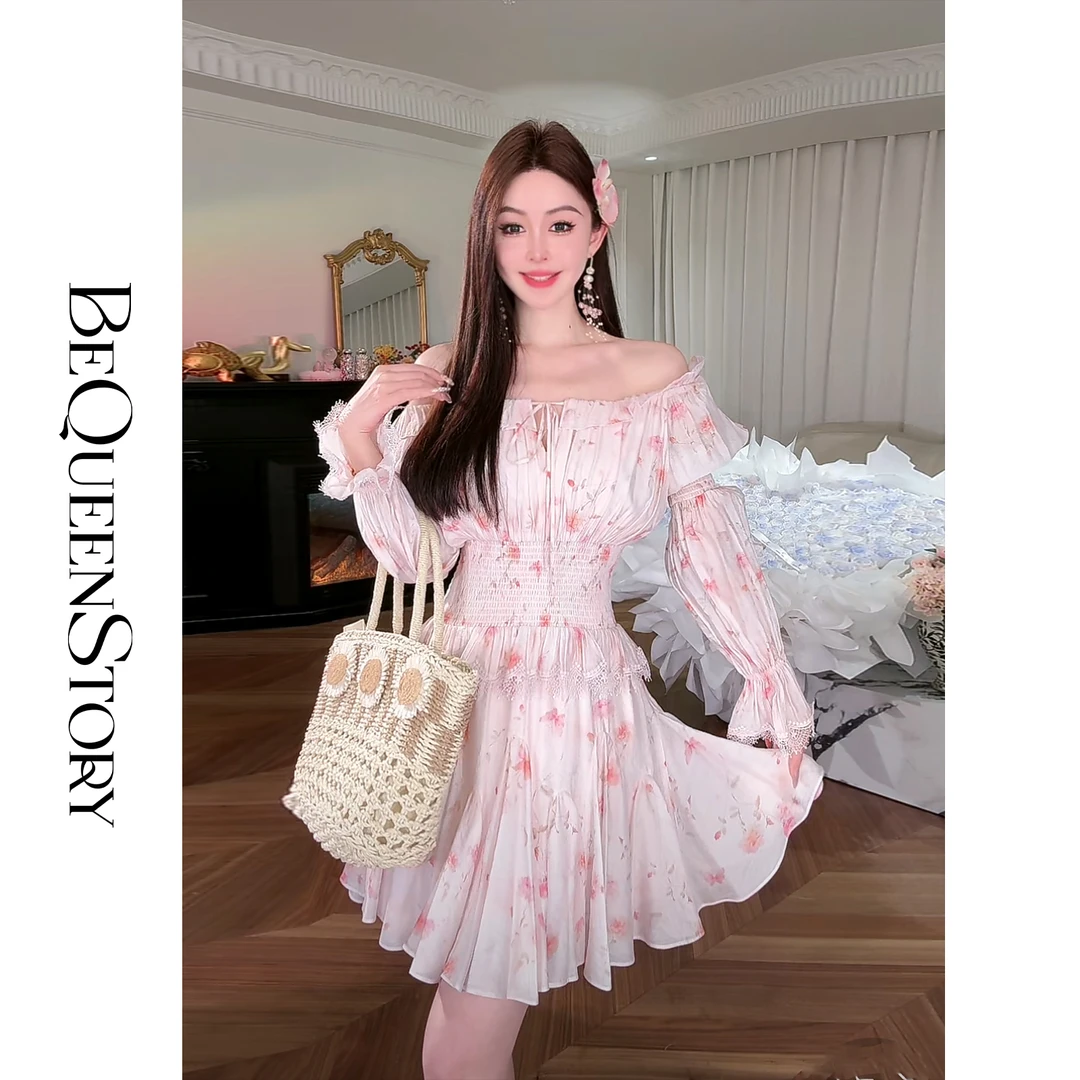 余潇潇【浪漫玛奇朵】欧若风木耳边印花收腰短款连衣裙