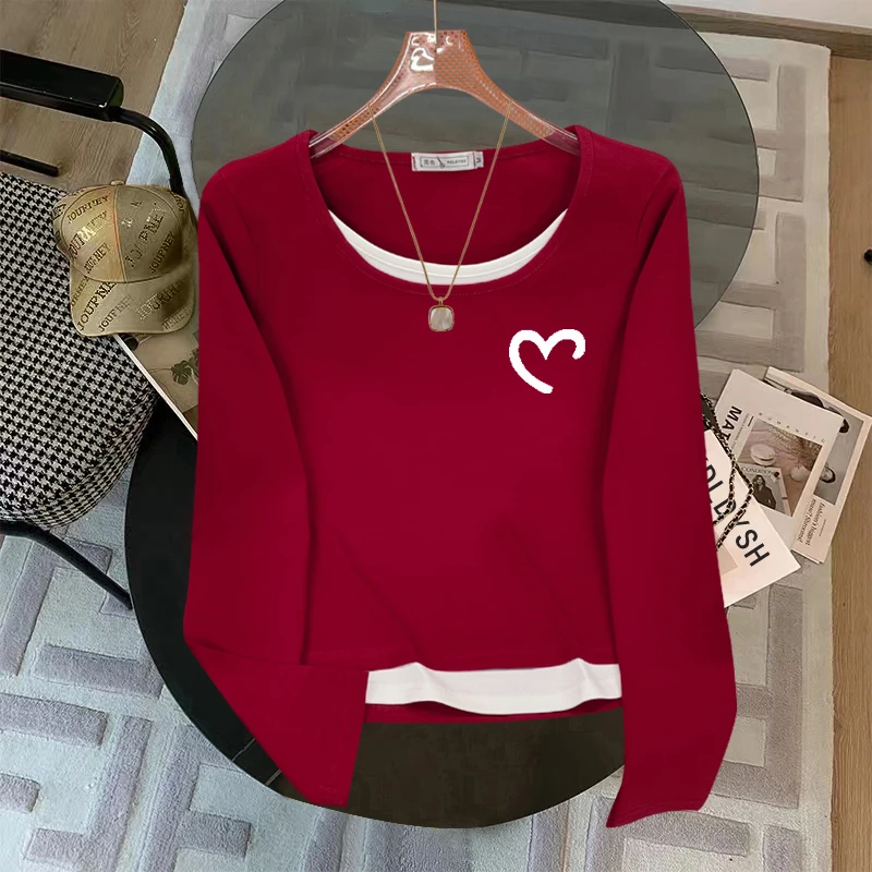 假两件拼接长袖T恤女2025春秋新款修身圆领小个子短款打底上衣潮