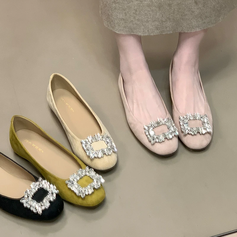 法式方头单鞋女2025新款绒面通勤浅口水钻千金名媛内增高鞋