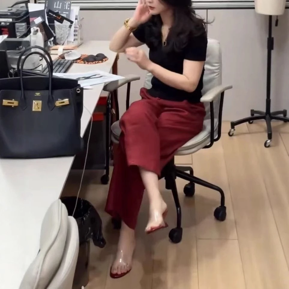 中年人女装2025夏季新款净版V领短袖上衣高腰直筒裤时尚两件套装