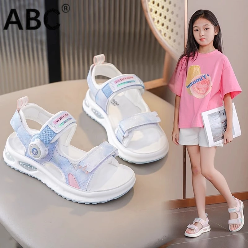 ABC女童凉鞋2025新款夏季纽扣儿童女孩中大童软底防滑夏款沙滩鞋