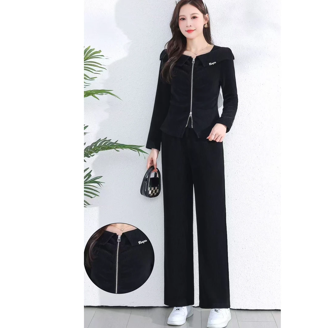 D526 时尚套装显瘦气质网红洋气休闲春季减龄连帽拼色长袖两件套