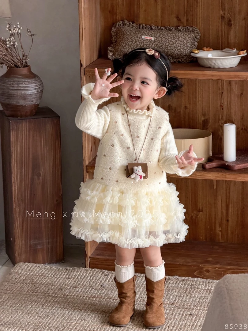 {花卷卷}冬款加绒厚小香风亮片纱纱裙针织毛衣打底衫女套装85938