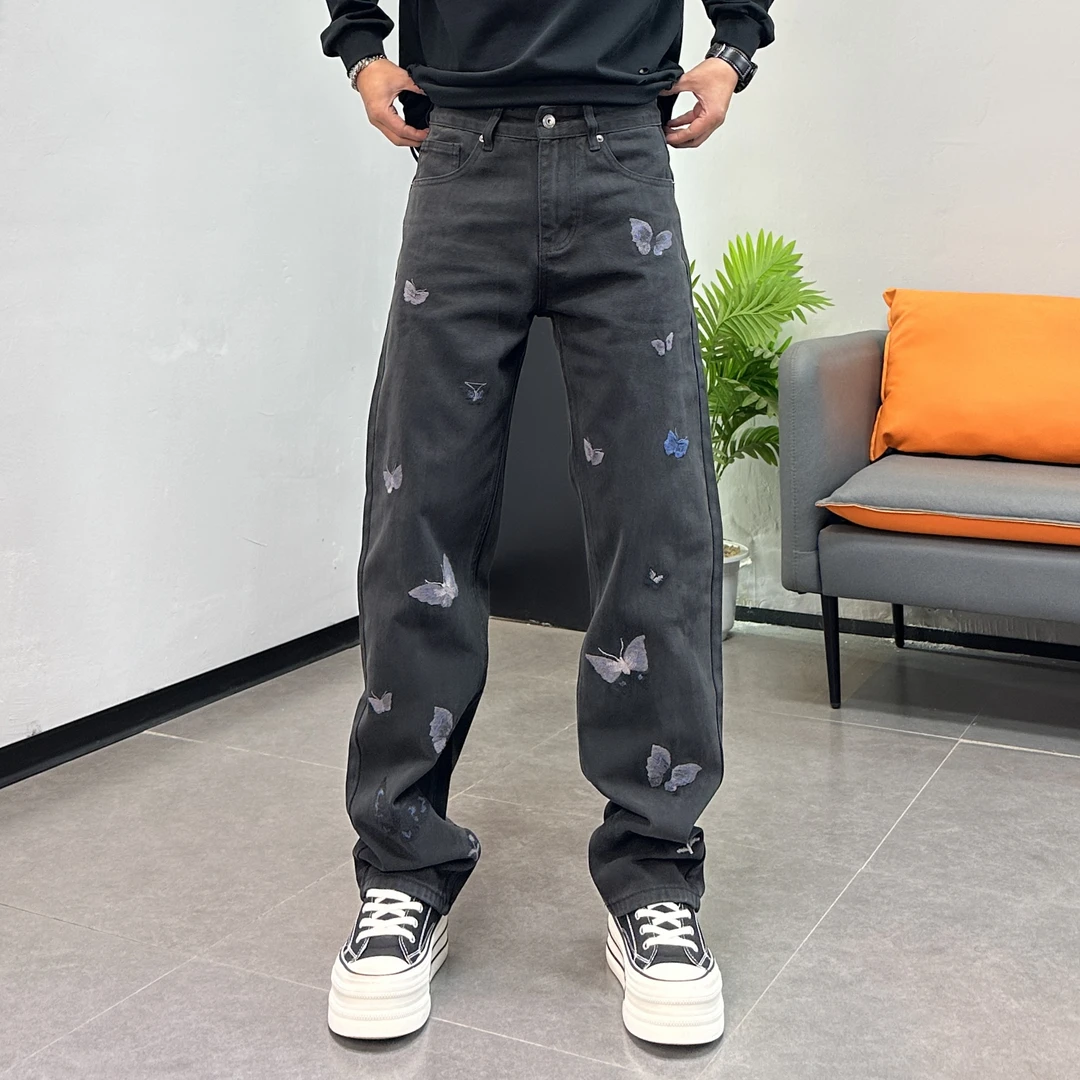 美式蝴蝶刺绣直筒牛仔裤男秋冬新款高街潮牌痞帅街头黑灰色长裤
