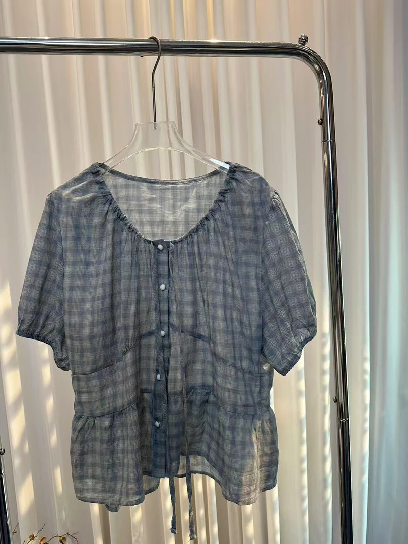 【AXIN定制】拼色格子衬衫系带减龄上衣 2232