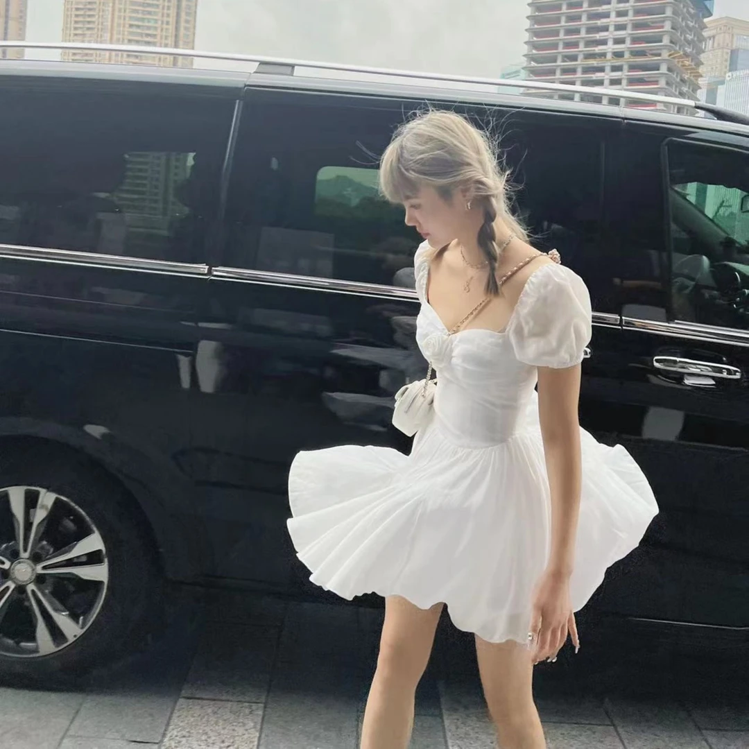 【no退no换】220120甜美泡泡袖收腰连衣裙
