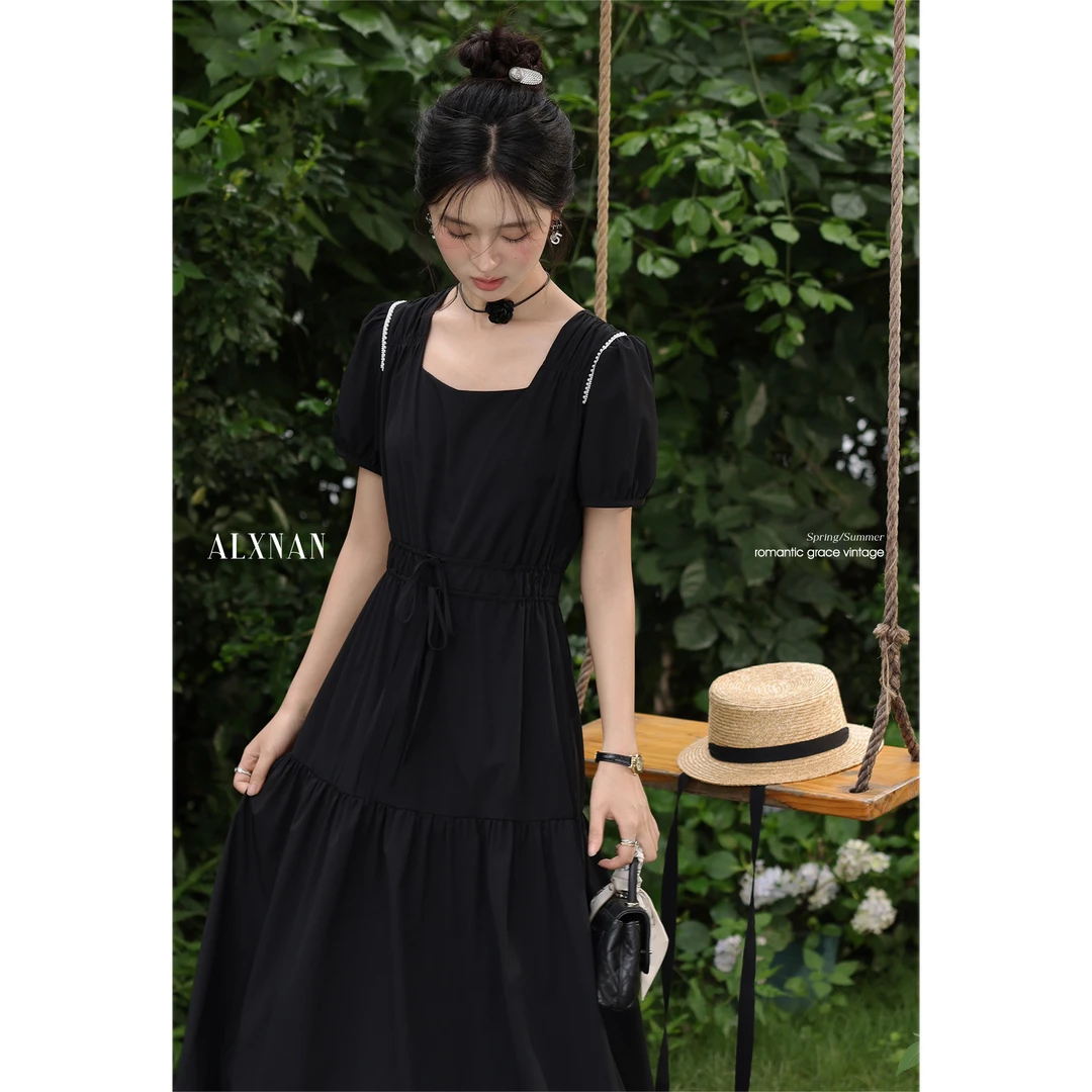 鹿向南「粉丝福利」优雅高级感黑色女士短袖连衣裙女夏季长裙L56096