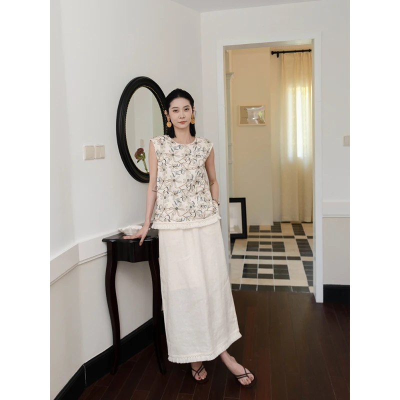 CHENSMCHEN 100亚麻纯色简约休闲半身裙女宽松显瘦裙子CSQ4603YW