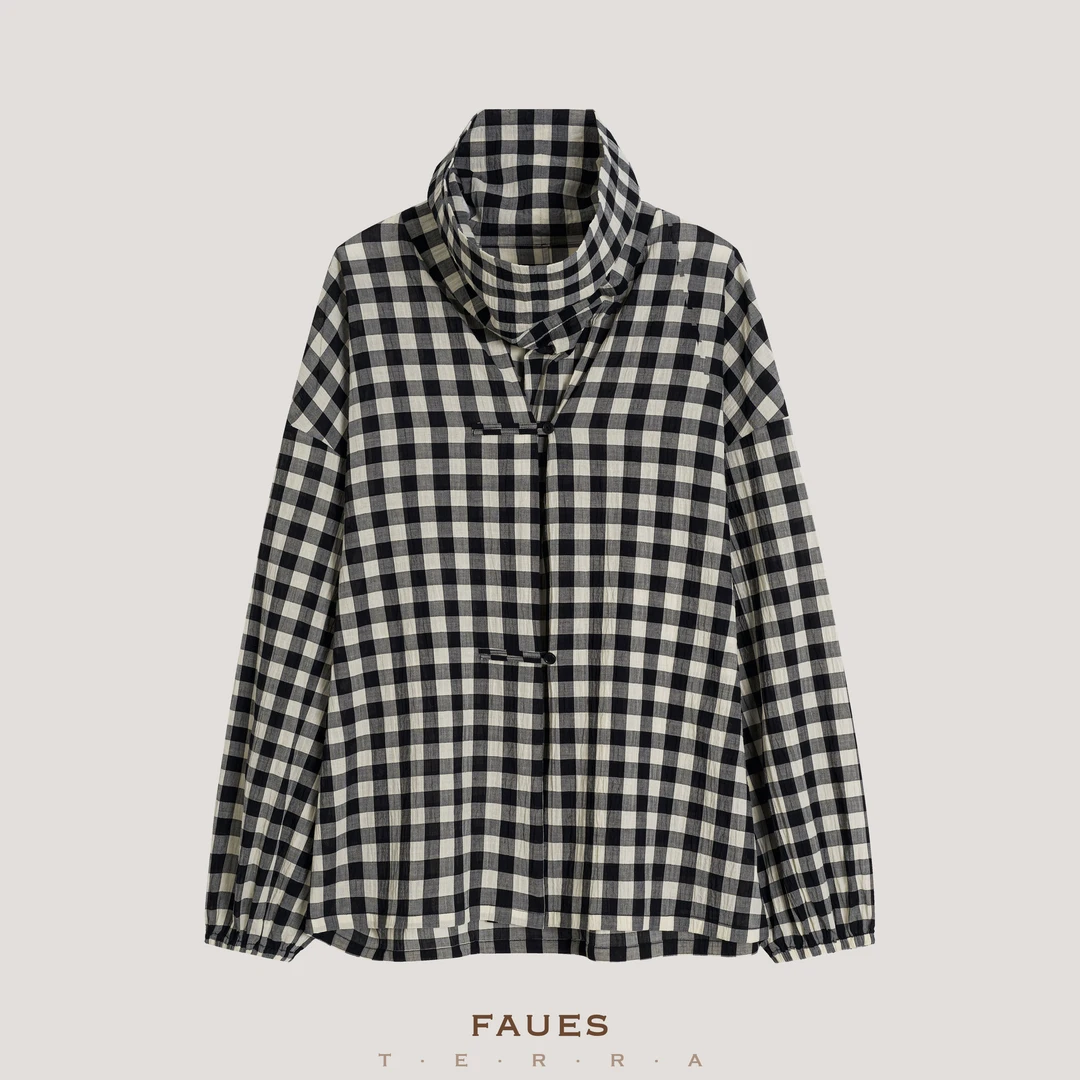 FAUES 风物叠序 定织匹马棉黑白对格复古文艺百搭轻薄上衣罩衫