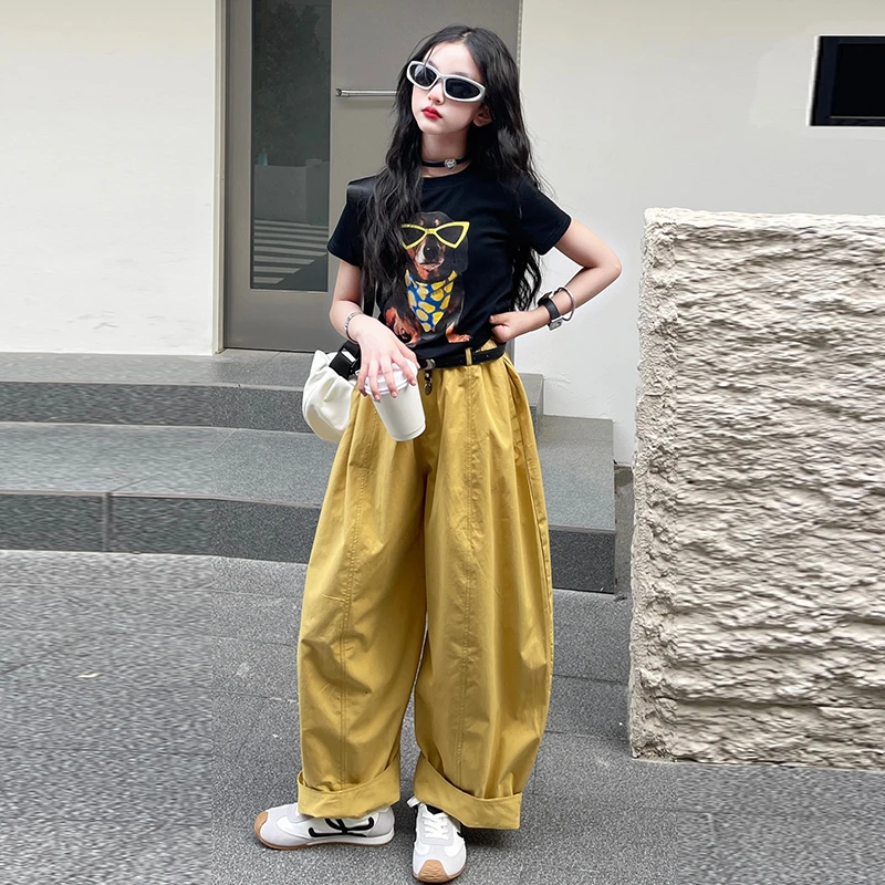 女童夏季2025新款韩版洋气休闲运动印花T恤阔腿气球裤两件套潮酷