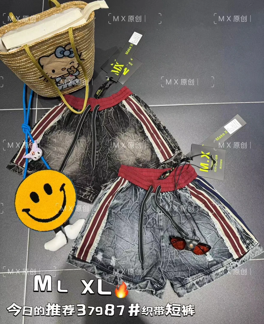 MX欧货个性织带拼接休闲短裤女新松紧腰宽松A字阔腿牛仔裤37987