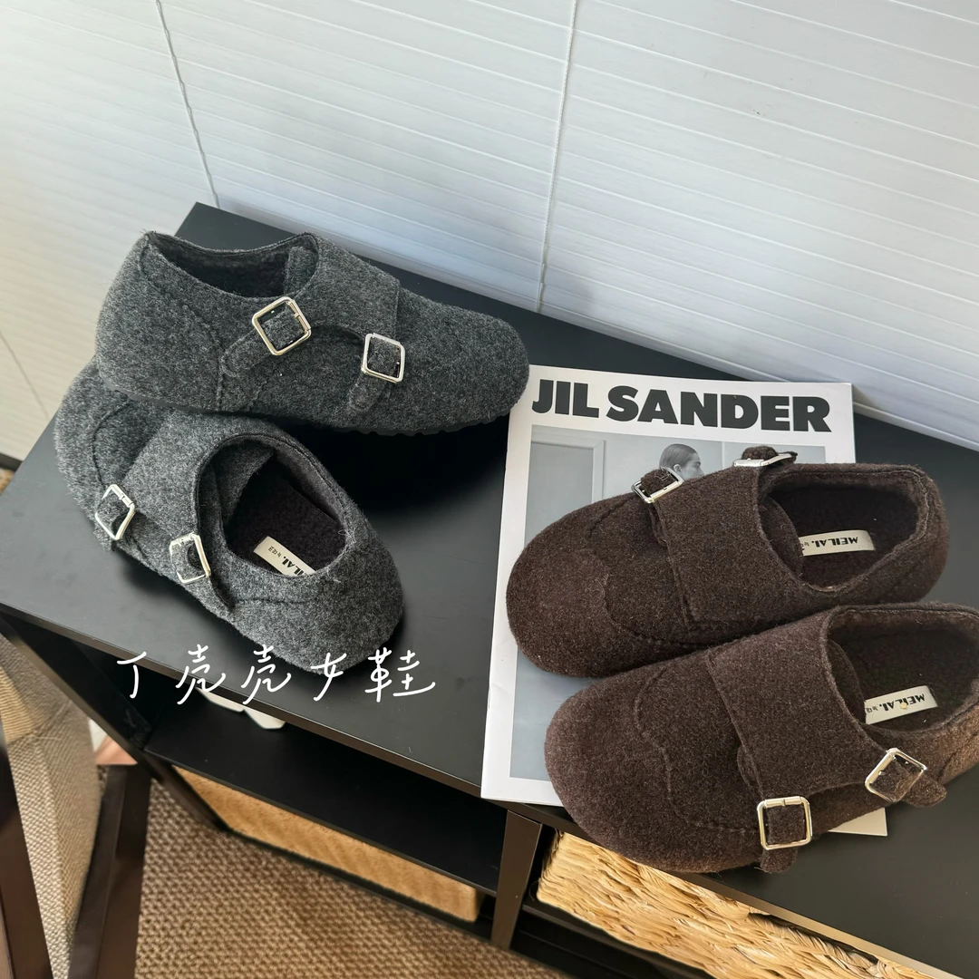 韩系复古毛呢双扣休闲勃肯鞋加绒秋冬保暖增高3cm软底森系毛毛鞋