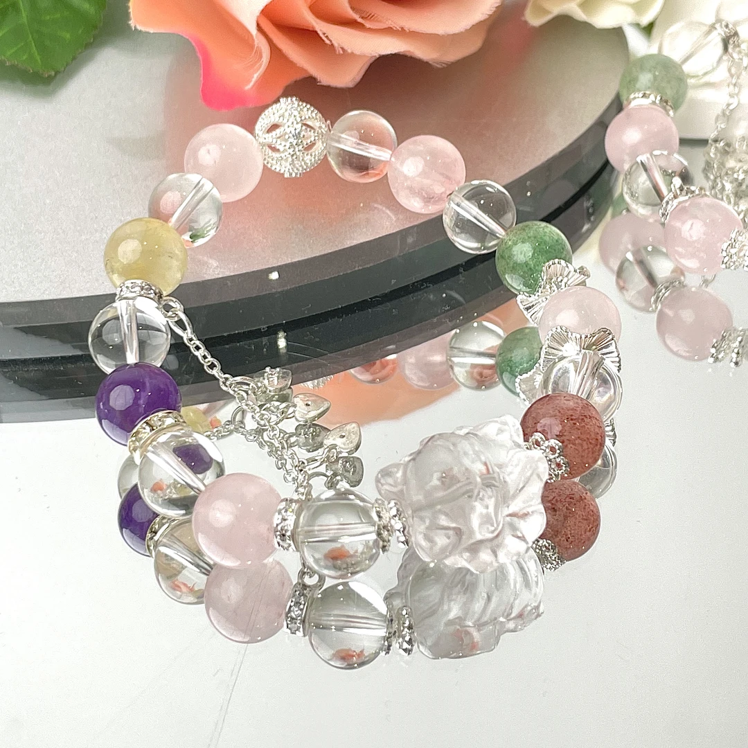 【水宝宝】白水凤九紫水粉晶等水晶9mm手串面小仙多样性发其一