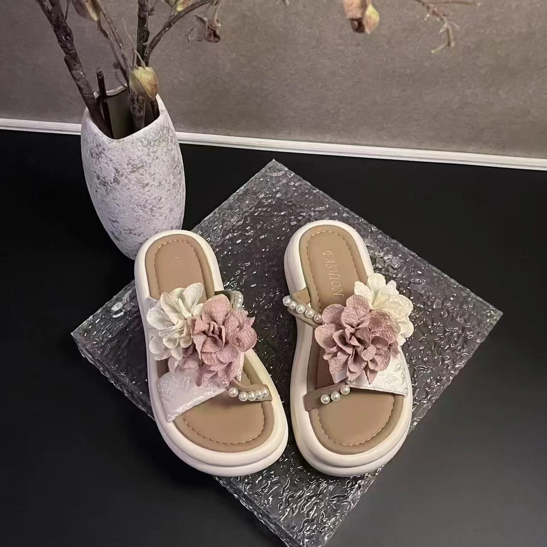 中跟(3-5cm)夏季舒适花朵一字拖凉拖鞋网红女鞋