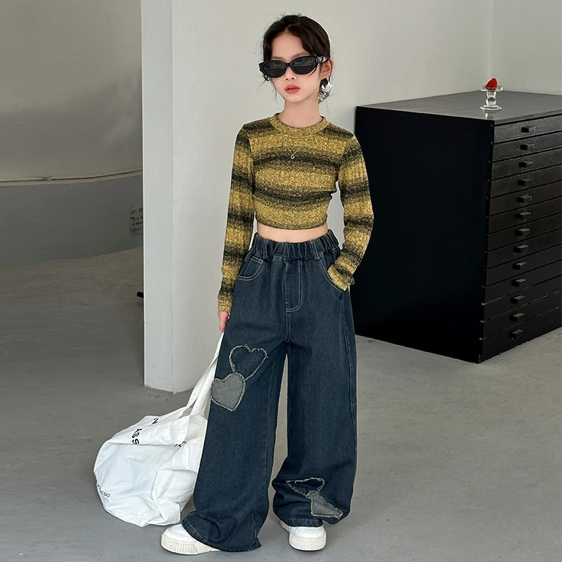 女童早秋休闲套装2025春秋款中大童女孩洋气韩版条纹上衣牛仔裤潮
