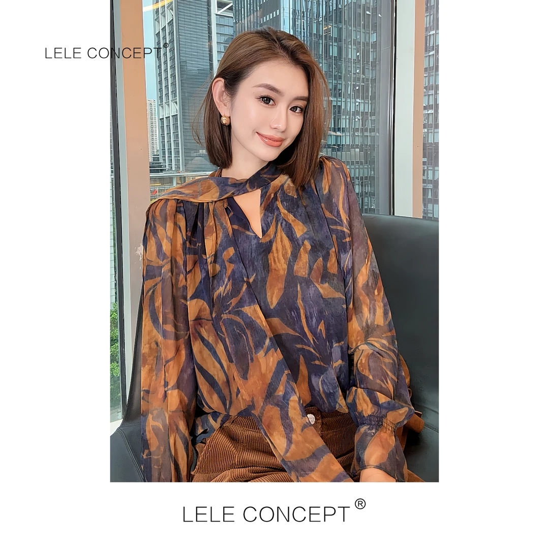 LELE CONCEPT丨「丽」轻奢港风设计款飘带老花衬衫FC25C0091W