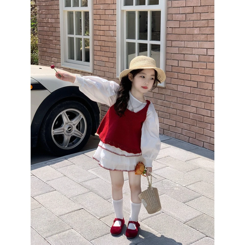 秋冬女童韩系套装甜美红色针织背心泡泡袖花边短裙女宝宝洋气衣服