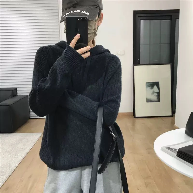 7283秋冬新款连帽针织提花纯色打底落肩袖女式