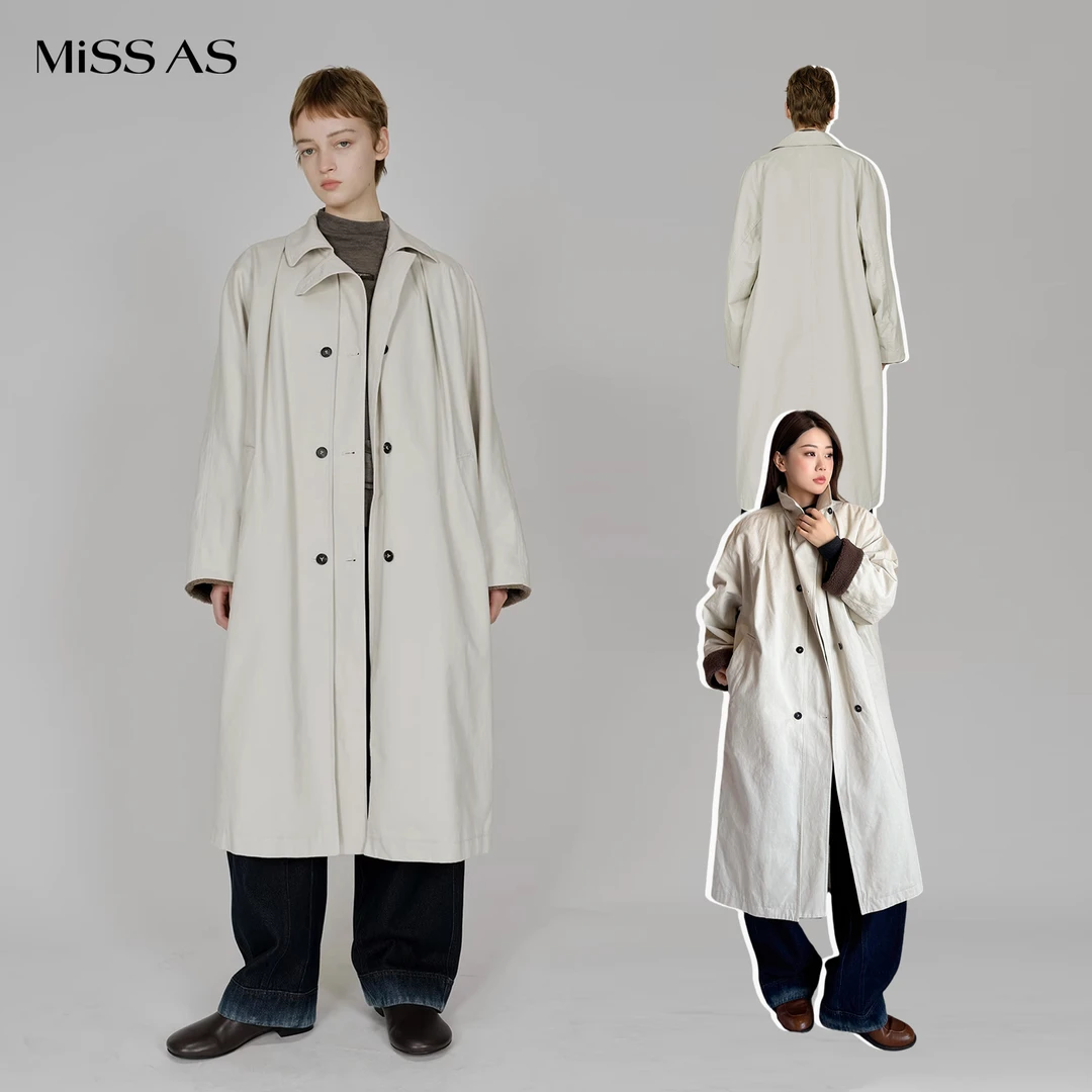 【YOEYYOU】宽松百搭压褶翻领长袖双门襟大衣风衣25秋冬拍照必备