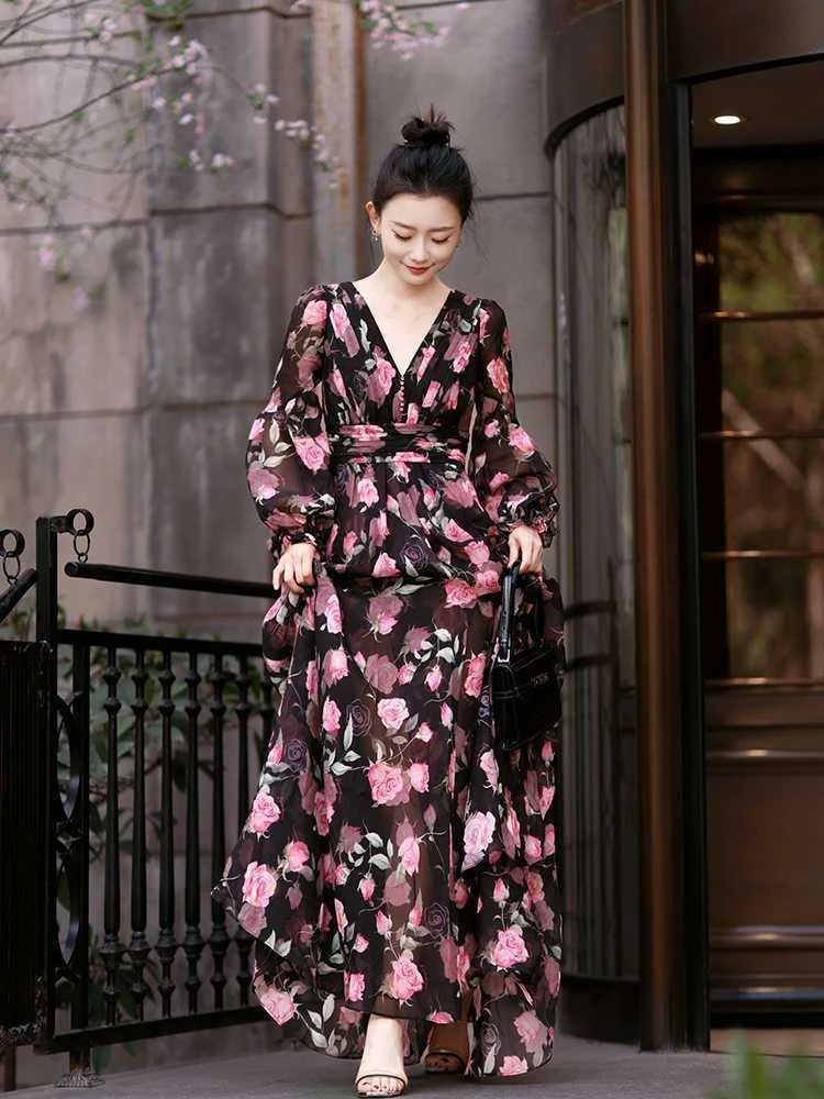 大码胖mm法式复古浪漫V领印花连衣裙女夏季新款绝美收腰大摆长裙