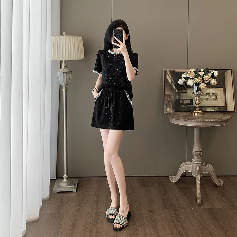 休闲风时尚套装短袖小众黑色显瘦套装钉珠法式阔腿小个子夏季