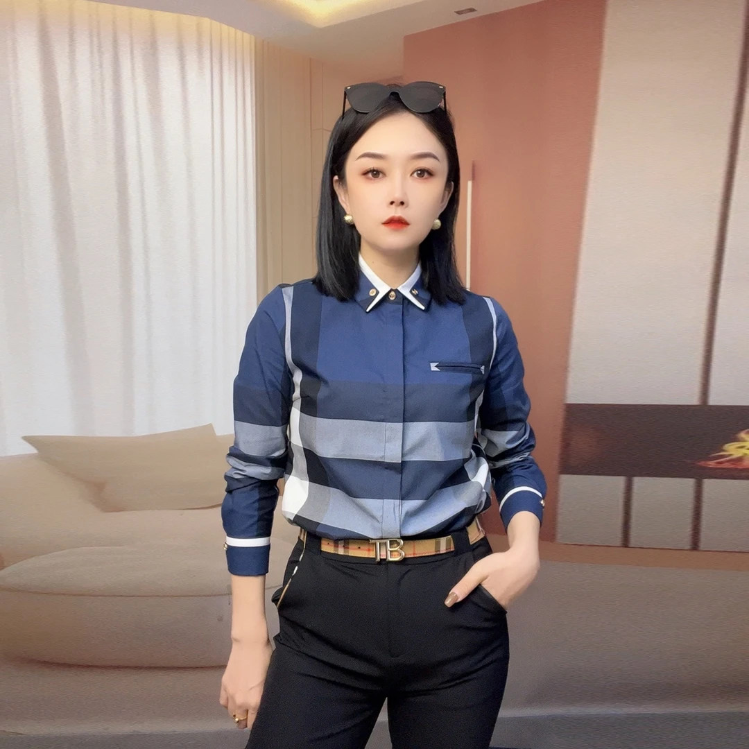 秋春新款上衣条纹长袖高端衬衣翻领修身休闲百搭洋气长袖女衬衫